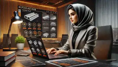 DALL·E 2024 12 24 10.39.36 A female Iranian engineer wearing professional attire and a loosely styled hijab sitting in a sleek modern office environment working on calculatio