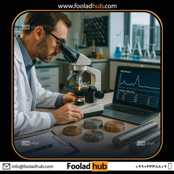 خدمات آزمایشگاهی متالورژی 3 دانشمند در حال آنالیز شیمیایی فلز می باشد.